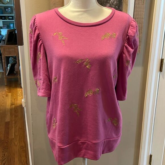 Ann Taylor Purple and Tan Embroidered Floral Puff Sleeve Sweatshirt - Picture 1 of 8